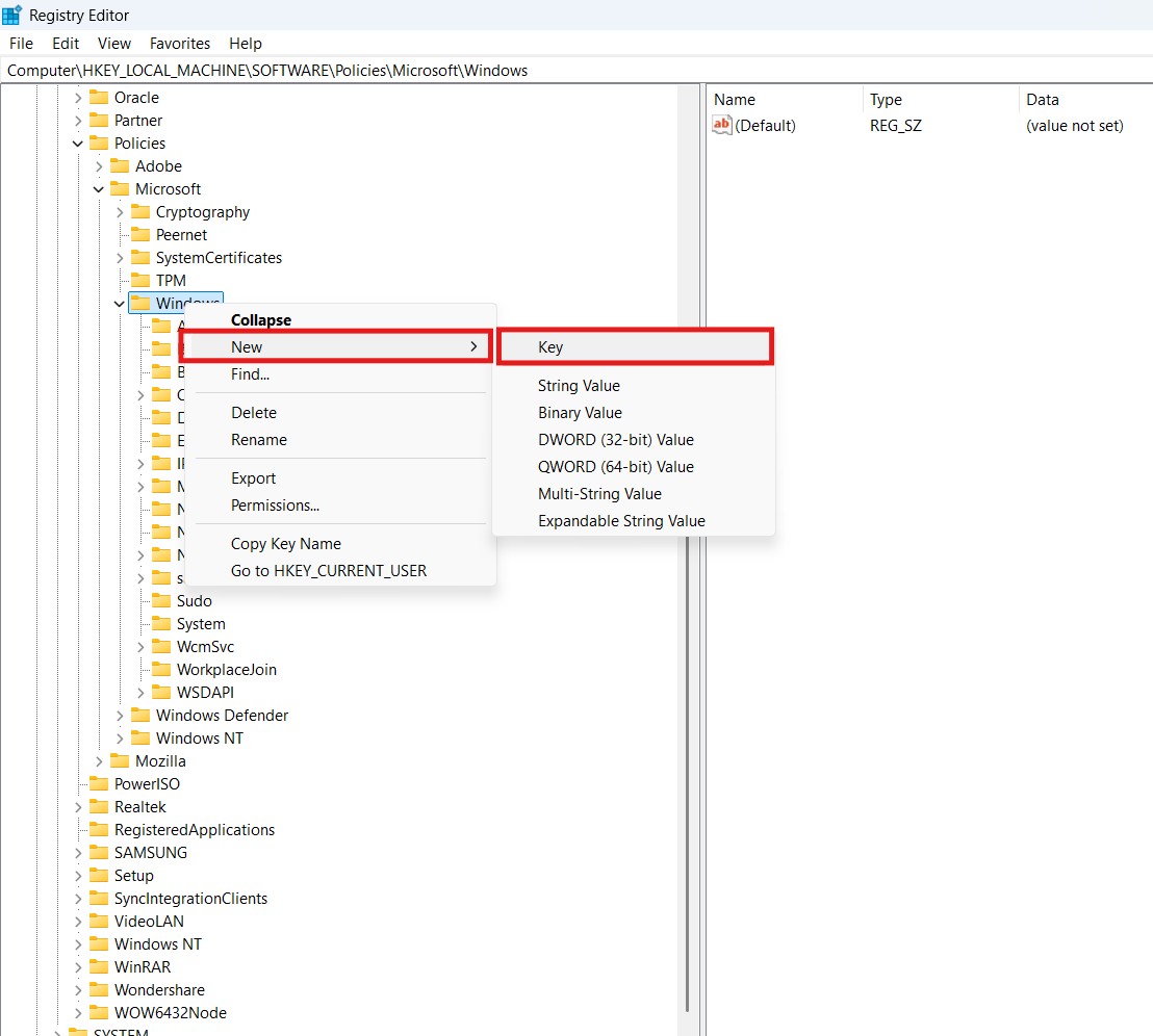 registry editor window new